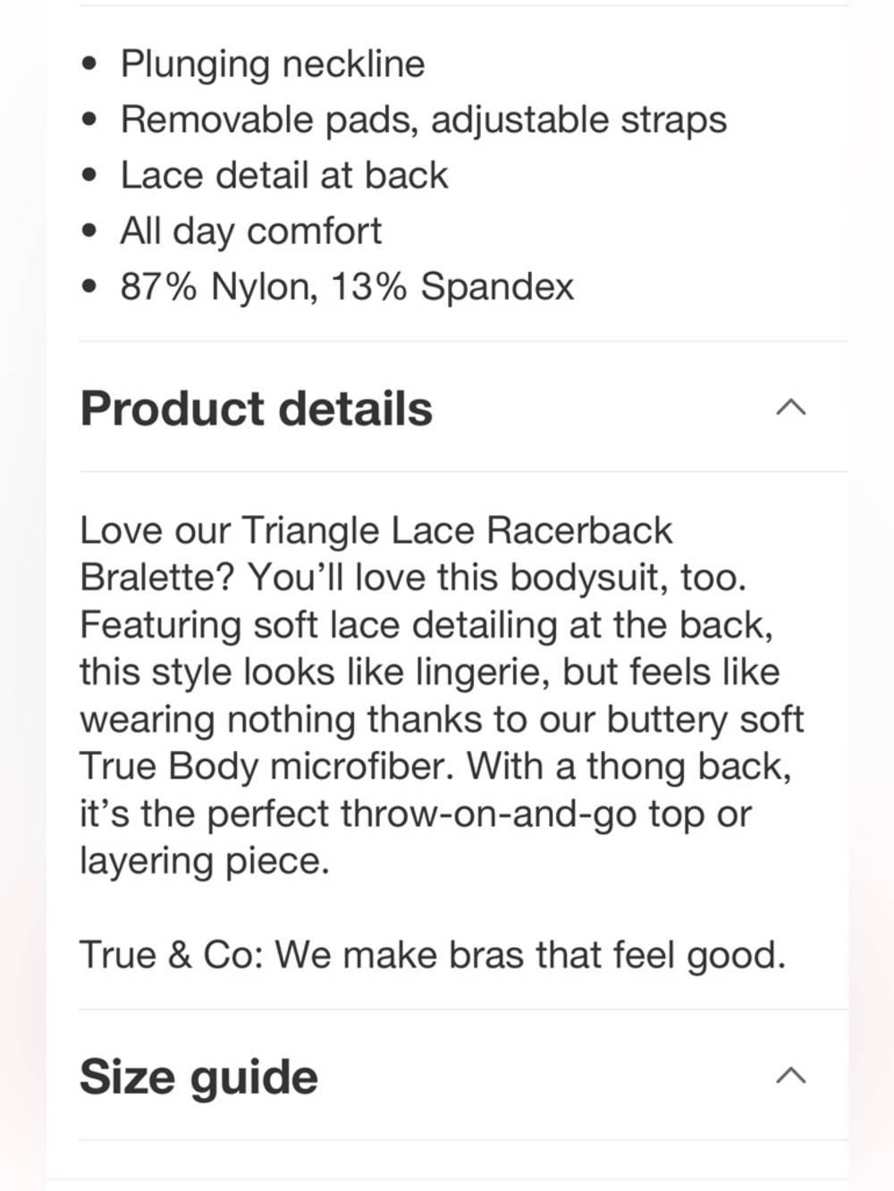 True & Co. V-Neck Bra Lace Racerback Bodysuit New - Picture 4 of 9